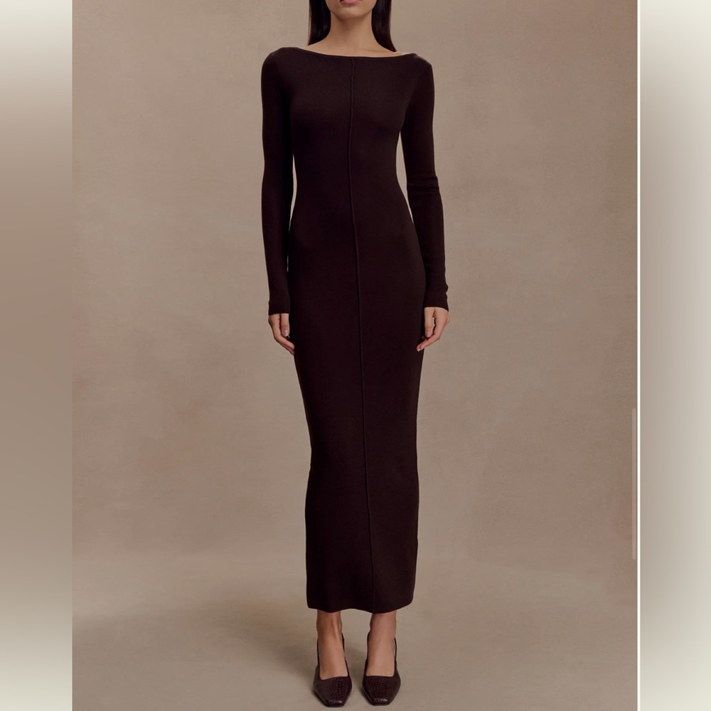 NWT. MESHKI Cleona Merino Wool Ribbed Long Sleeve Maxi Dress - Deep Chocolate